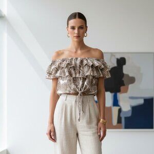 White Olive Green Front Tie Palm Leaf Ruffle Off Shoulder Crop Top Blouse XL NWT